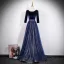 Vintage / Retro Ocean Blue Sequins Prom Dresses 2026 A-Line / Princess Square Neckline 3/4 Sleeve Backless Tulle
