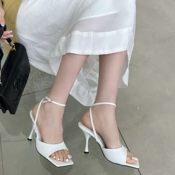 Simple Désinvolte Été Blanche Sandales Femme 2022 Bride Cheville 9 Cm Talons Aiguilles Peep Toes Bout Ouvert Sandales Talons Hauts