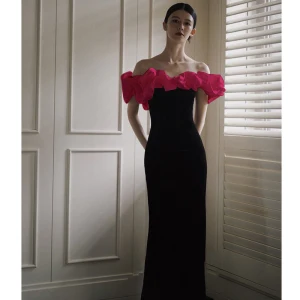 Sexy Noire Volants De L Épaule Robe De Soirée 2023 Trompette Sirène Manches Courtes Dos Nu Longue Soirée Robe De Ceremonie