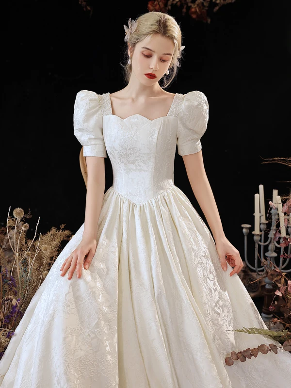 Vintage / Retro Ivory Satin Homecoming Graduation Dresses Prom Dresses 2023 A-Line / Princess Square Neckline Pearl Short Sleeve Backless Floor-Length / Long Formal Dresses