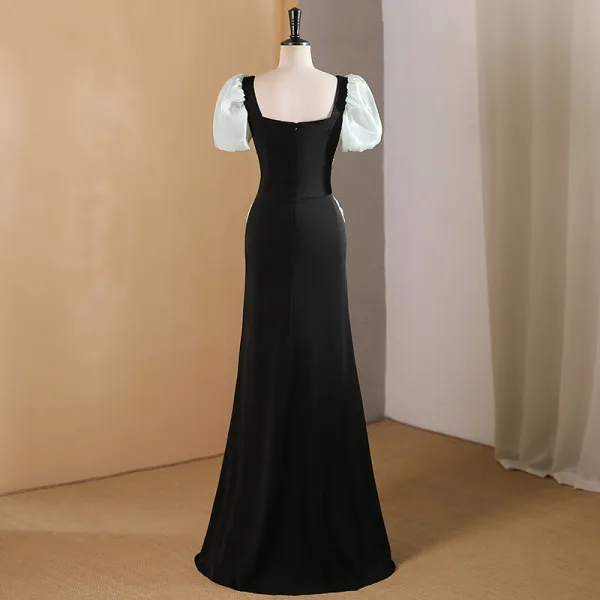 Chic / Belle Noire Robe De Bal 2024 Trompette / Sirène Encolure Carrée Gonflée Manches Courtes Dos Nu Noeud Longue Promo Robe De Ceremonie