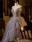 Charming Grey Cascading Ruffles Beading Pearl Sequins Prom Dresses 2024 Ball Gown Spaghetti Straps Sleeveless Backless Floor-Length / Long Prom Formal Dresses