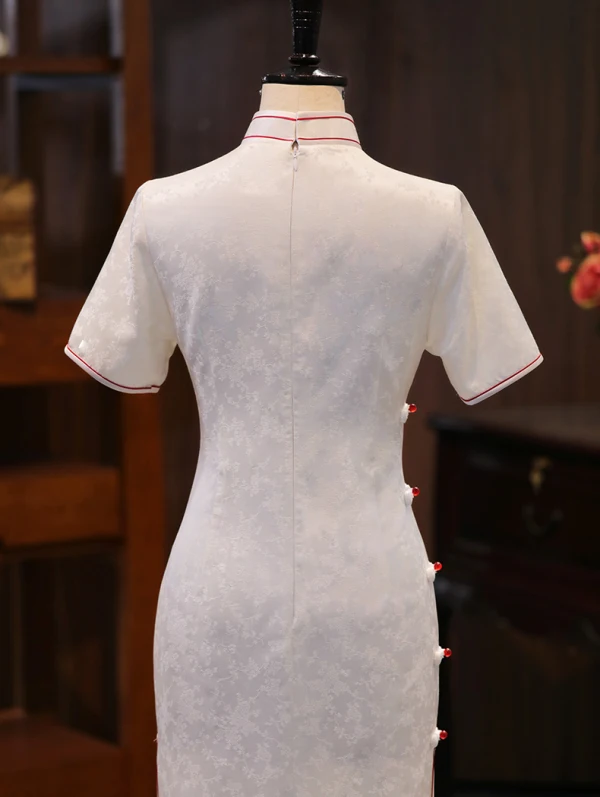 Chinese style White Silk Printing Evening Party Cheongsam 2024 Trumpet / Mermaid High Neck Short Sleeve Tea-length