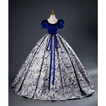 Elegant Royal Blue Printing Prom Dresses 2023 Ball Gown Satin Square Neckline Short Sleeve Backless Bow Sash Floor Length Long Prom Formal Dresses