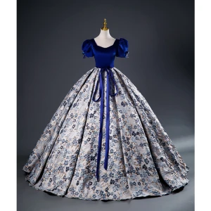 Elegantes Azul Real Impresión Vestidos De Gala 2023 Ball Gown Satén Escote Cuadrado Manga Corta Sin Espalda Bowknot Cinturón Largos Gala Vestidos Formales