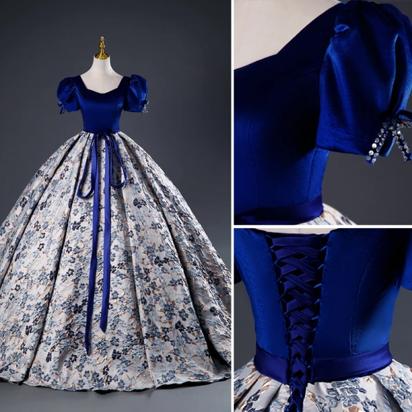 Elegant Royal Blue Printing Prom Dresses 2023 Ball Gown Satin Square Neckline Short Sleeve Backless Bow Sash Floor-Length / Long Prom Formal Dresses