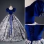 Elegant Royal Blue Printing Prom Dresses 2023 Ball Gown Satin Square Neckline Short Sleeve Backless Bow Sash Floor-Length / Long Prom Formal Dresses