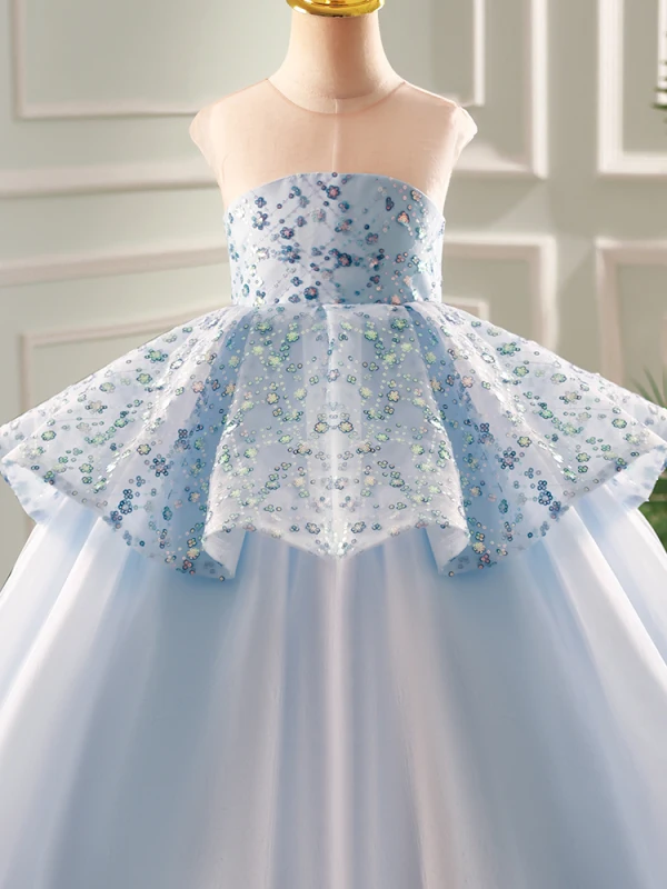 Fashion Sky Blue Sequins Birthday Flower Girl Dresses 2023 Ball Gown Scoop Neck Sleeveless Backless Floor-Length / Long