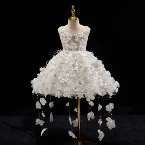Fashion White Beading Lace Flower Appliques Pearl Short Birthday Flower Girl Dresses 2025 Ball Gown Spaghetti Straps Sleeveless Backless