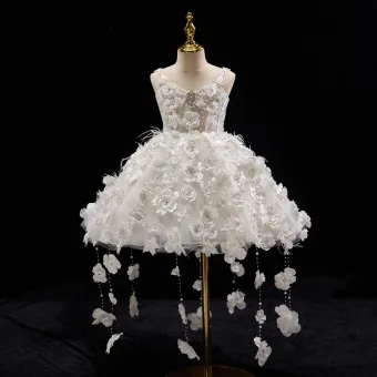 Mode Weiß Perlenstickerei Spitze Blumen Applikationen Perle Kurze Geburtstag Blumenmädchenkleider 2025 Ballkleid Spaghettiträger Ärmellos Rückenfreies