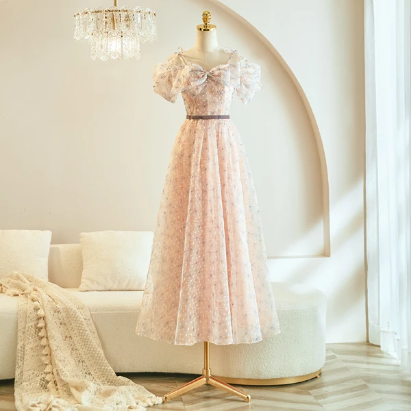 Chic / Beautiful Blushing Pink Beading Bridesmaid Dresses 2023 A-Line / Princess Short Sleeve Backless Sash Floor-Length / Long Bridesmaid Dresses