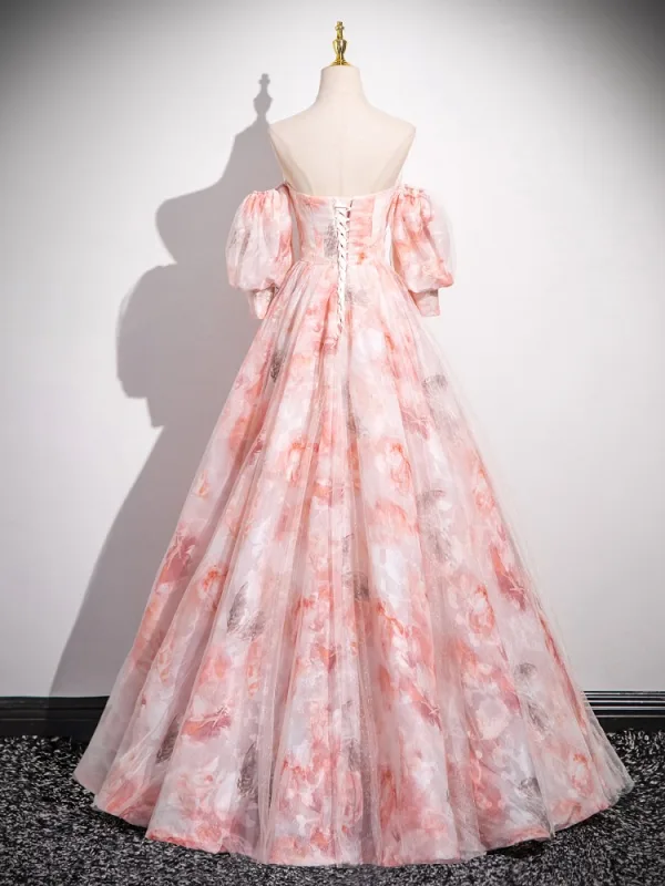 Chic / Beautiful Blushing Pink Printing Prom Dresses 2025 A-Line / Princess Strapless Short Sleeve Backless Floor-Length / Long Prom Formal Dresses