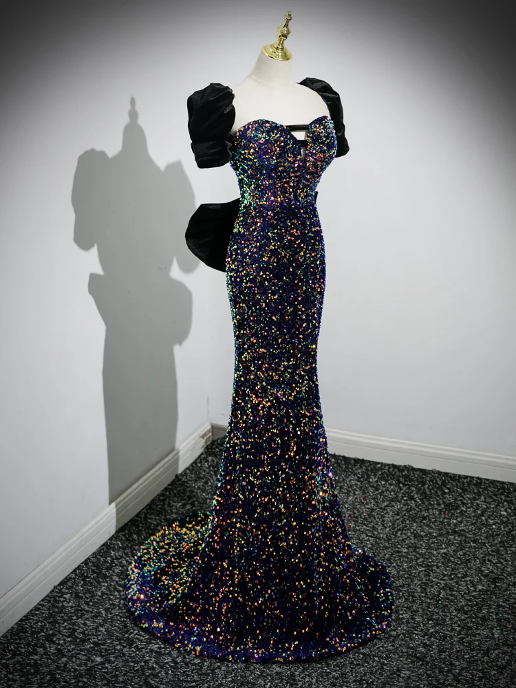 Sparkly Sexy Black Sequins Evening Dresses 2023 Trumpet Mermaid Square Neckline Puffy