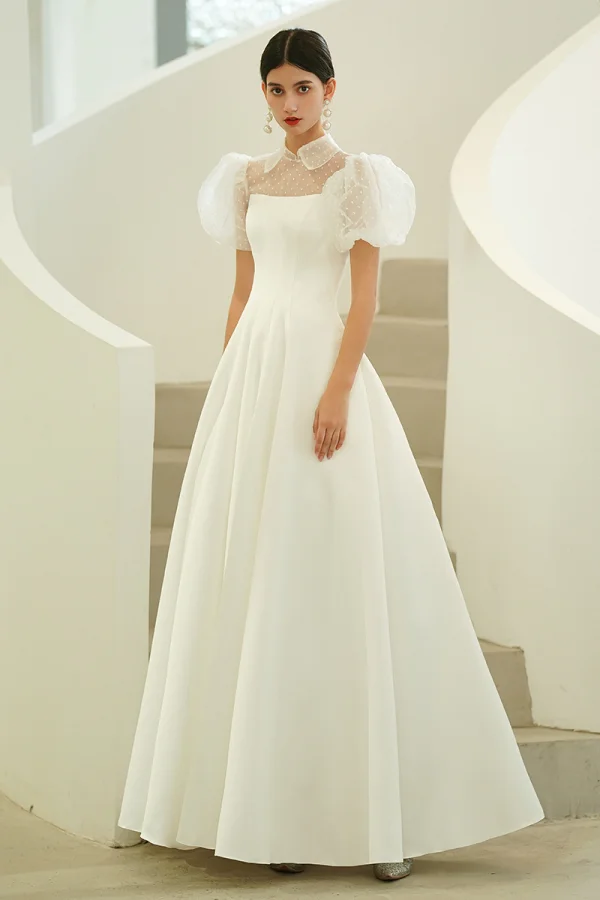Chic / Beautiful Ivory Prom Dresses 2022 A-Line / Princess High Neck Puffy Short Sleeve Backless Prom Floor-Length / Long Formal Dresses