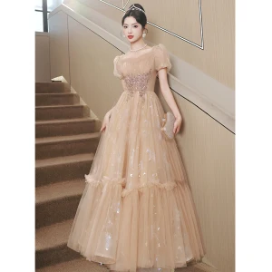 Hermoso Caqui Rebordear Lentejuelas Vestidos De Gala 2023 A Line Princess Escote Cuadrado Manga Corta Sin Espalda Largos Gala Vestidos Formales