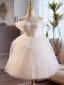 Modest / Simple White Pearl Short Wedding Dresses 2024 Ball Gown Off-The-Shoulder Short Sleeve Backless Tulle Wedding