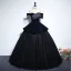 Vintage / Retro Navy Blue Beading Tassel Velvet Prom Dresses 2025 Ball Gown Off-The-Shoulder Short Sleeve Backless Floor-Length / Long Prom Formal Dresses
