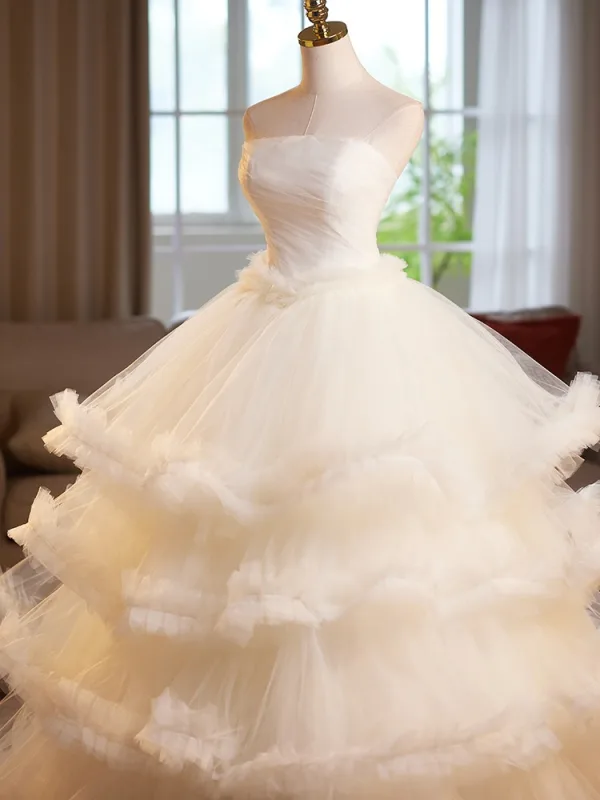 Chic / Belle Champagne Volants en Cascade Robe De Bal 2025 Robe Boule Bustier Sans Manches Dos Nu Longue Robe De Ceremonie