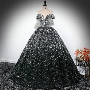Sparkly Black Sequins Prom Dresses 2024 Ball Gown Off The Shoulder Short Sleeve Backless Floor Length Long Prom Formal Dresses