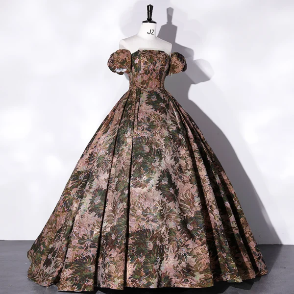 Vintage / Retro Brown Printing Prom Dresses 2022 Ball Gown Strapless Short Sleeve Backless Floor-Length / Long Prom Formal Dresses