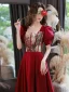 Chic / Beautiful Burgundy Printing Graduation Dresses 2022 A-Line / Princess Homecoming Square Neckline Short Sleeve Backless Floor-Length / Long Formal Dresses