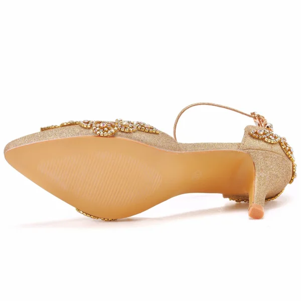 Chic / Beautiful Gold Rhinestone Sequins Wedding Shoes 2022 Ankle Strap 7 cm Stiletto Heels Pointed Toe Wedding High Heels
