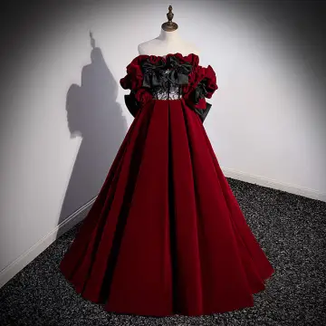 Fashion Burgundy Ruffle Prom Dresses 2022 Ball Gown Off The Shoulder Bow Short Sleeve Backless Floor Length Long Prom Formal Dresses