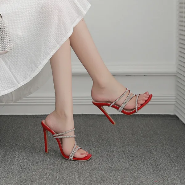 Charming Black Summer Evening Party Rhinestone Womens Sandals 2022 11 cm Stiletto Heels Open / Peep Toe Sandals High Heels