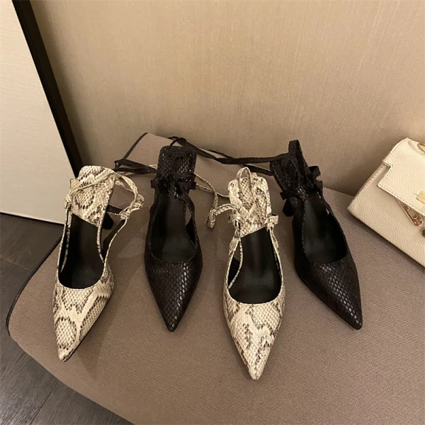 Charmant Beige Cocktail Motif Peau De Serpent Sandales Femme 2022 Bride Cheville 8 cm Talons Aiguilles À Bout Pointu Chaussures Femmes Talons Hauts