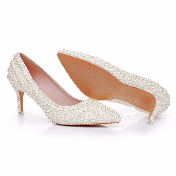 Elegante Abrikoos / Beige Parel Huwelijk Pumps Hoge Hakken 2025 7 cm Naaldhakken / Stiletto Spitse Neus Bruidsschoenen
