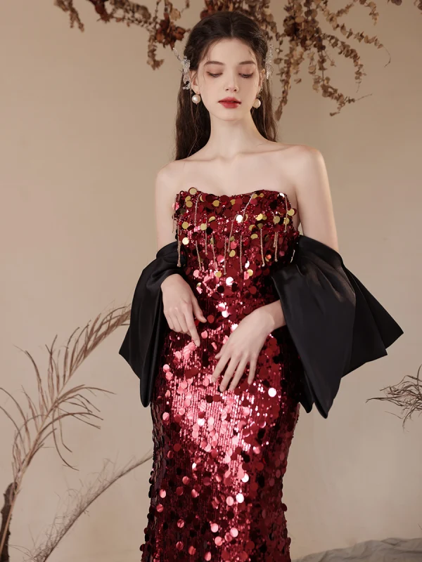 Charming Burgundy Sequins Evening Dresses 2024 Trumpet / Mermaid Strapless Short Sleeve Backless Floor-Length / Long Evening Party Formal Dresses