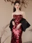Charming Burgundy Sequins Evening Dresses 2024 Trumpet / Mermaid Strapless Short Sleeve Backless Floor-Length / Long Evening Party Formal Dresses