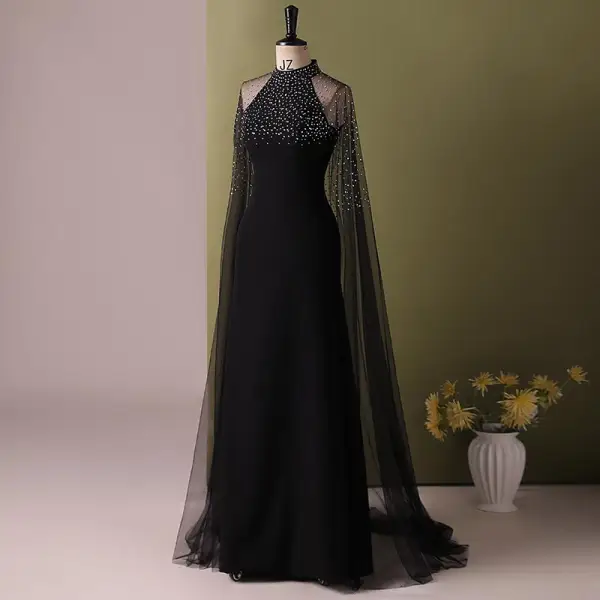 Chic / Beautiful Black Rhinestone Prom Dresses 2024 A-Line / Princess Scoop Neck Sleeveless Floor-Length / Long Prom Formal Dresses