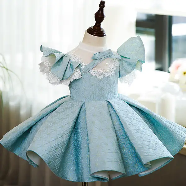 Chic / Beautiful Sky Blue Lace Flower Birthday Flower Girl Dresses 2022 Ball Gown High Neck Puffy Short Sleeve Short Flower Girl Dresses