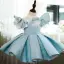 Chic / Beautiful Sky Blue Lace Flower Birthday Flower Girl Dresses 2022 Ball Gown High Neck Puffy Short Sleeve Short Flower Girl Dresses