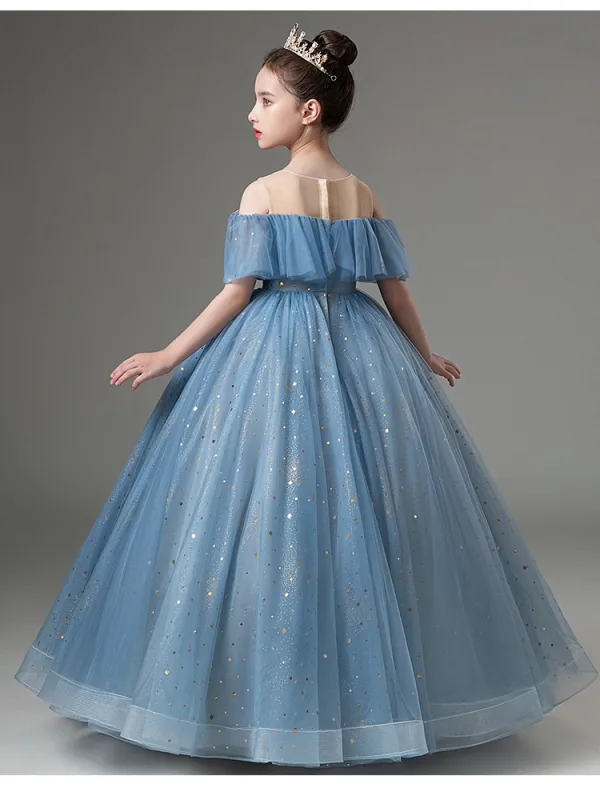 Chic / Beautiful Sky Blue Beading Sequins Birthday Flower Girl Dresses 2024 Ball Gown Scoop Neck Short Sleeve Floor-Length / Long