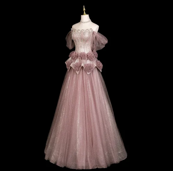 Bling Bling Ciemny Róż Rhinestone Cekiny Sukienki Na Bal 2025 Princessa Przy Ramieniu Kótkie Rękawy Bez Pleców Długie Sukienki Wizytowe