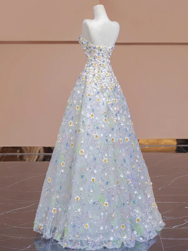 Flower Fairy White Lace Flower Appliques Prom Dresses 2024 A-Line / Princess Strapless Sleeveless Backless Floor-Length / Long Prom Formal Dresses