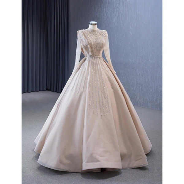 High-end Champagne Handmade Beading Sequins Prom Dresses 2023 Ball Gown High Neck Long Sleeve Floor-Length / Long Formal Dresses