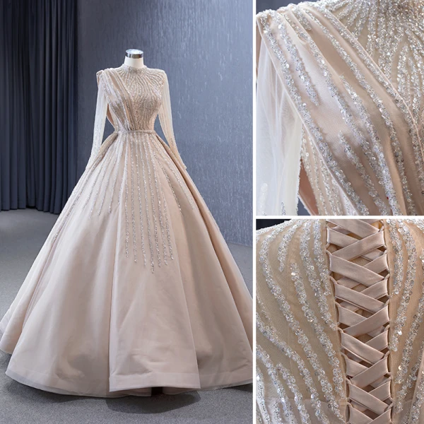 High-end Champagne Handmade Beading Sequins Prom Dresses 2023 Ball Gown High Neck Long Sleeve Floor-Length / Long Formal Dresses