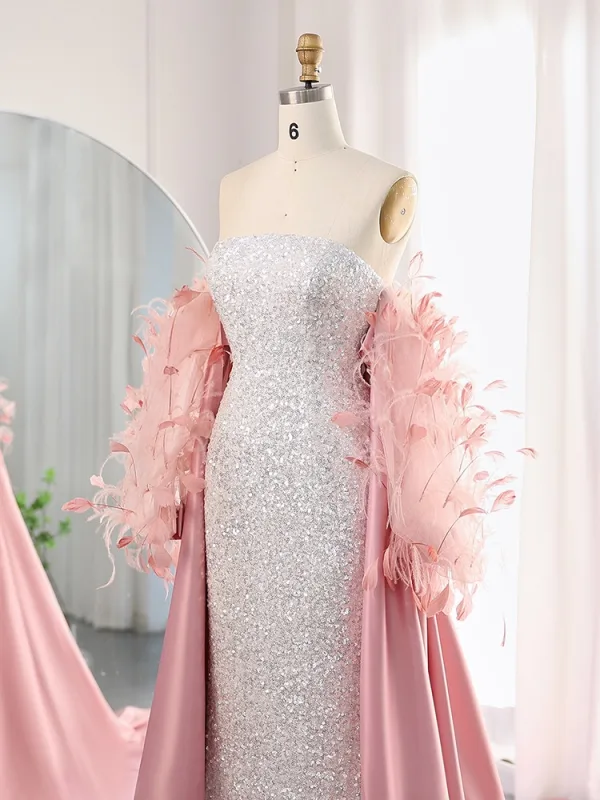 Sexy Argenté Paillettes Plumes Robe De Bal 2025 Trompette / Sirène Bustier Sans Manches Dos Nu Tribunal Train Robe De Ceremonie
