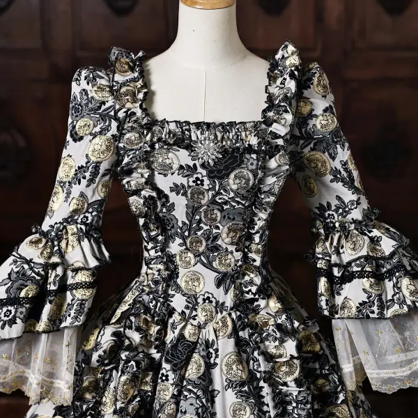 Vintage / Retro Medieval Black Printing Rhinestone Halloween Prom Dresses 2026 Ball Gown Square Neckline Bell sleeves Floor-Length / Long Formal Dresses