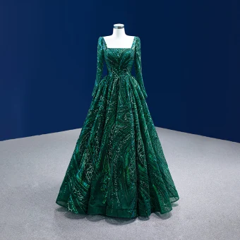 Scintillantes Haut De Gamme Vert Foncé Paillettes Robe De Soirée 2022 Princesse Encolure Carrée Manches Longues Dos Nu Longue Soirée Robe De Ceremonie