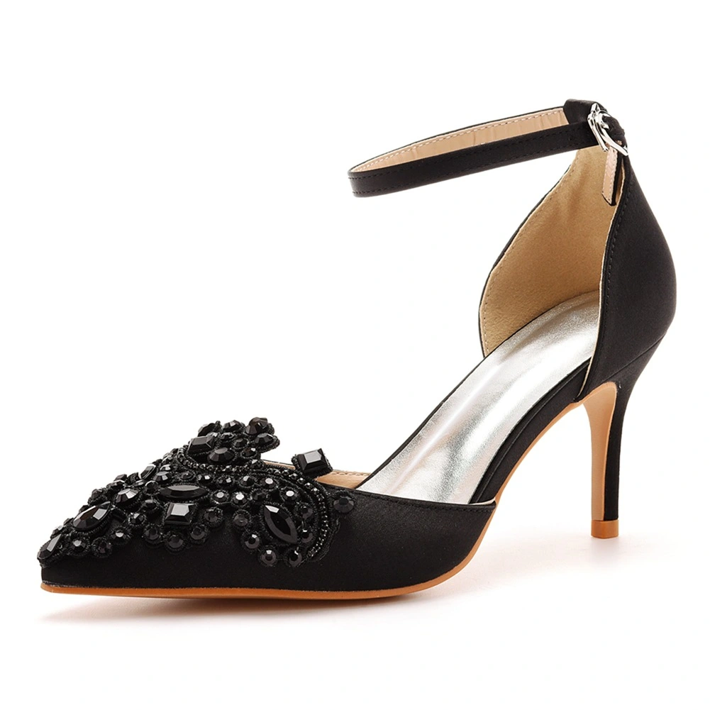 Women's Black Rhinestone Heeled Shoes - Ankle Straps