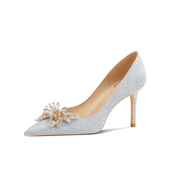 Charmant Zilveren Kristal Vlinder Bruidsschoenen 2024 Leer 6 cm Naaldhakken / Stiletto Spitse Neus Huwelijk Pumps Hoge Hakken