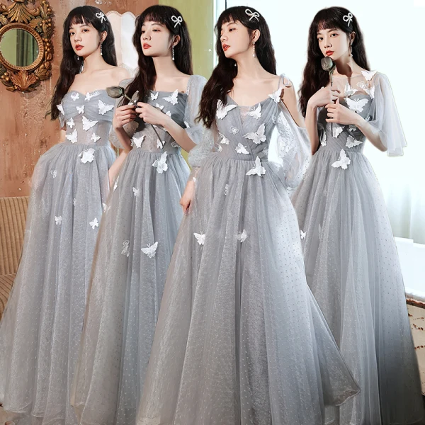 Modest / Simple Grey Lace Butterfly Bridesmaid Dresses 2022 A-Line / Princess Short Sleeve Backless Floor-Length / Long Bridesmaid Dresses