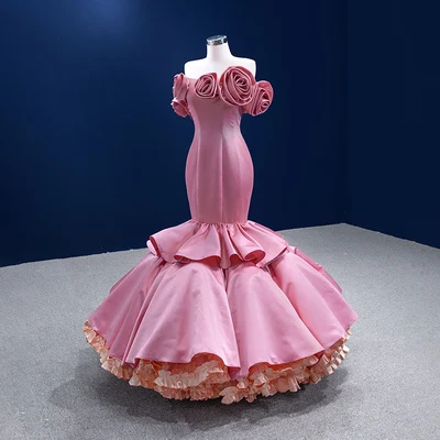 Unusual Candy Pink Cascading Ruffles Prom Dresses 2022 Trumpet / Mermaid Strapless Flower Sleeveless Backless Floor-Length / Long Prom Formal Dresses