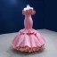 Unusual Candy Pink Cascading Ruffles Prom Dresses 2022 Trumpet / Mermaid Strapless Flower Sleeveless Backless Floor-Length / Long Prom Formal Dresses