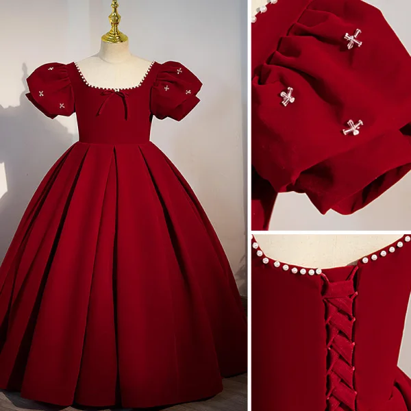 Chic / Belle Bordeaux Anniversaire Robe Ceremonie Fille 2022 Robe Boule Encolure Carrée Gonflée Manches Courtes Dos Nu Noeud Perle Longue Robe Ceremonie Fille