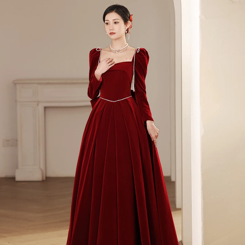blue dress for baby girl Burgundy Wool Vintage Dress – Long Sleeve Flared Midi for Autumn Winter 4490 Burgundy / L main image 0